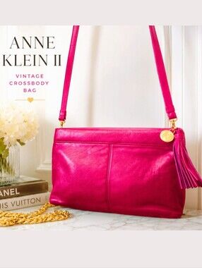 Vintage Anne Klein II Fuchsia Pink Leather Crossbody Bag with Tassel Charm